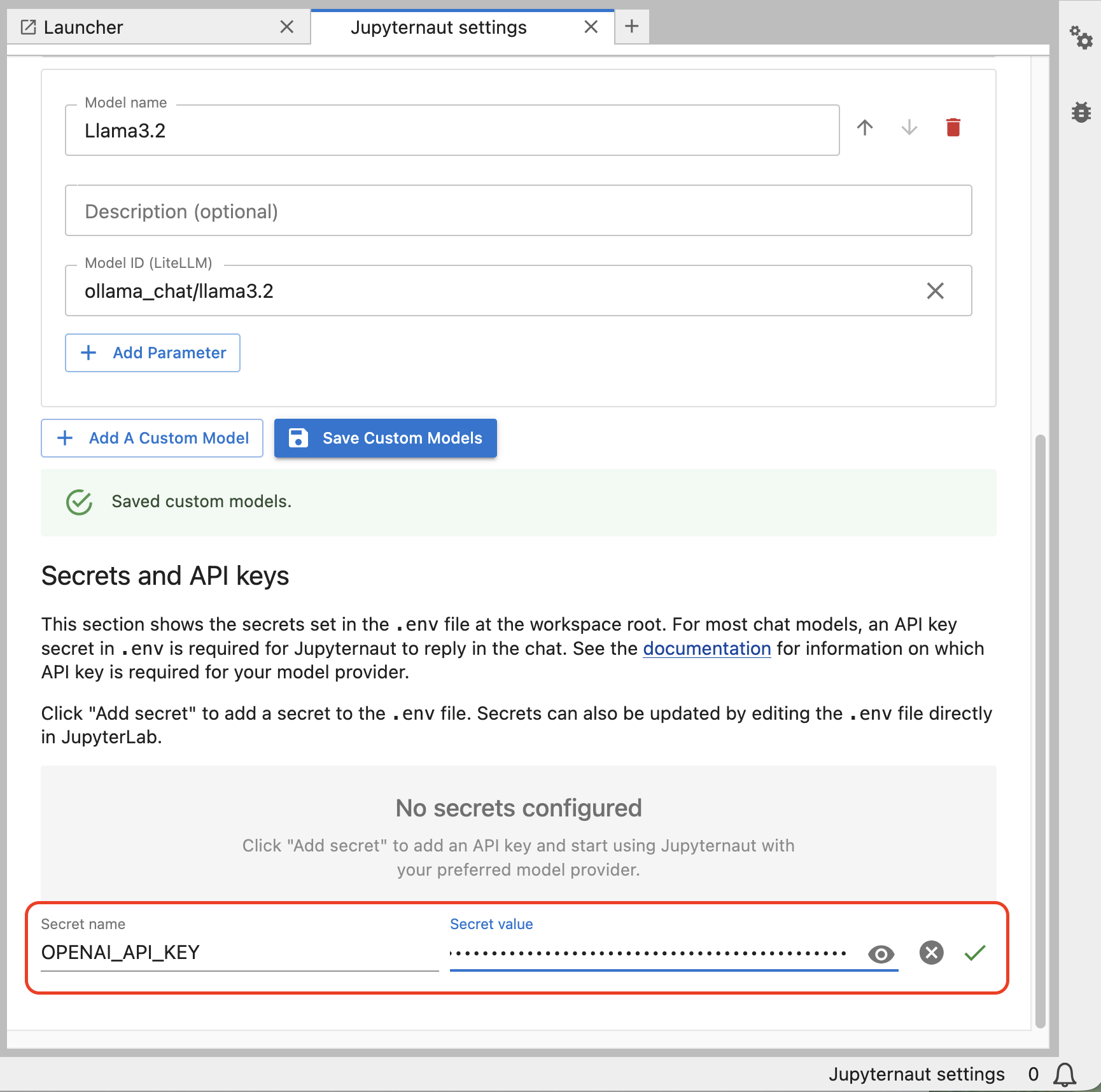 Chat settings interface with Juptyter Lab