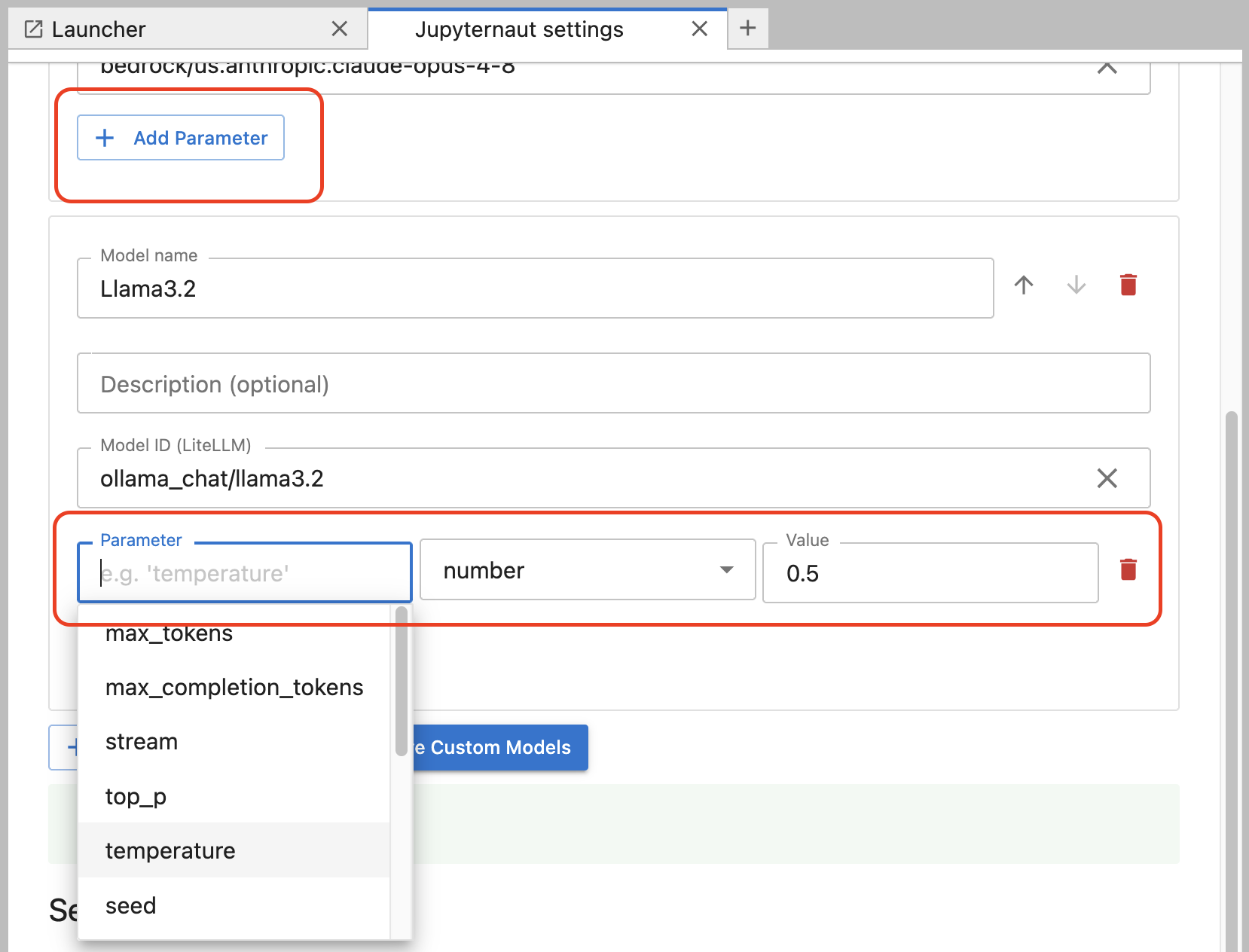 Chat settings interface with Juptyter Lab