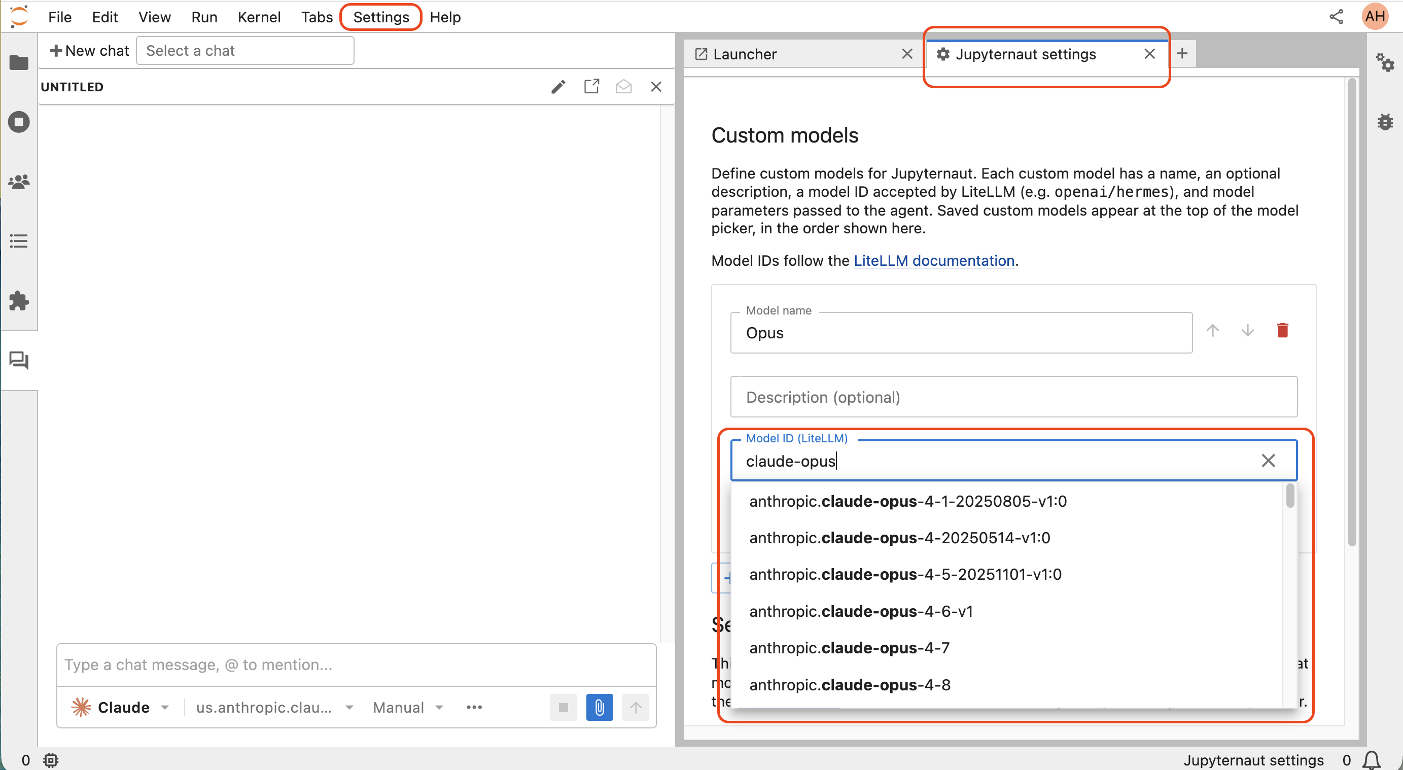 Chat settings interface with Juptyter Lab
